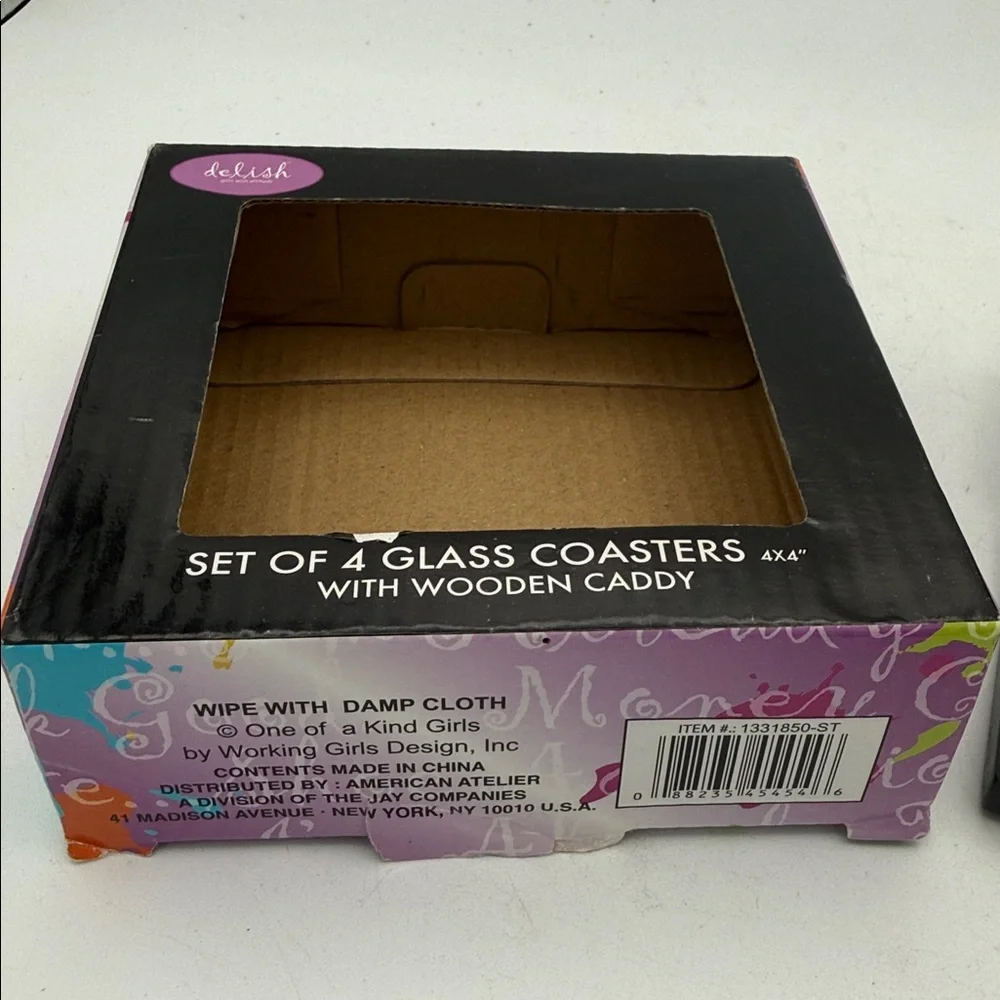 Delish set of 4 glass coaster w/ wooden caddy gifts w/ attitude